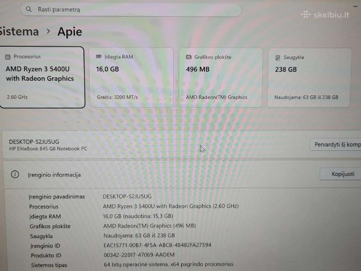 Hp Elitebook 845 G8 – Ryzen 3 Pro 5400u / 16/256gb - nuotraukos Nr. 7