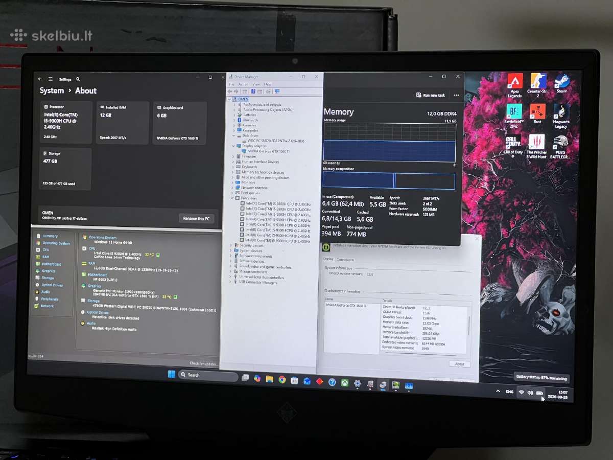 Parduodamas Hp Omen 17 su Gtx 1660ti, I5-9k. - nuotraukos Nr. 8