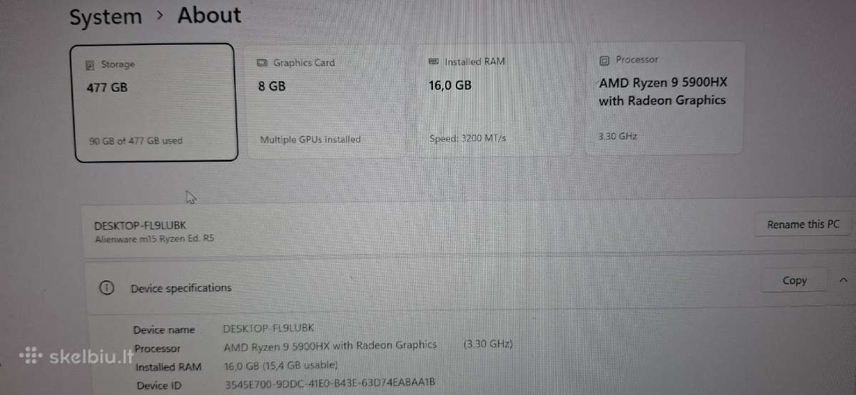 Dell Alienware M15 R5 R9/ryzen 3070 - nuotraukos Nr. 4