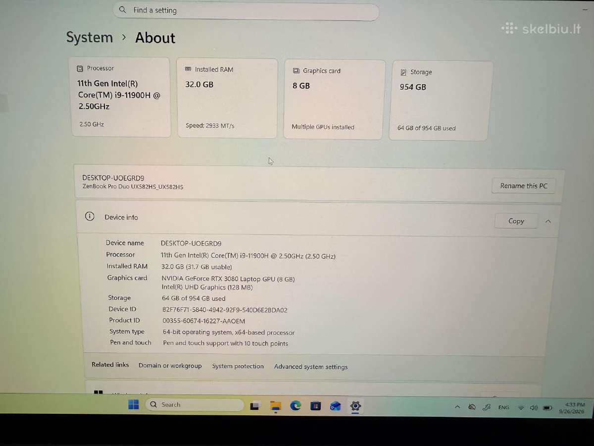 Asus Zenbook i9, 32gb, 3080 - nuotraukos Nr. 10