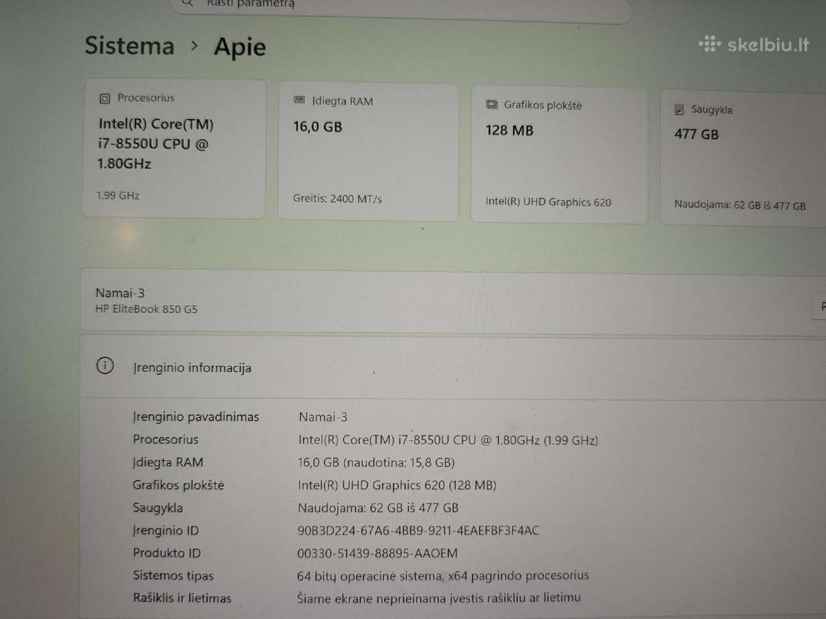 Hp Elitebook 850 G5 i7, 16gb RAM, 500gb SSD - nuotraukos Nr. 3