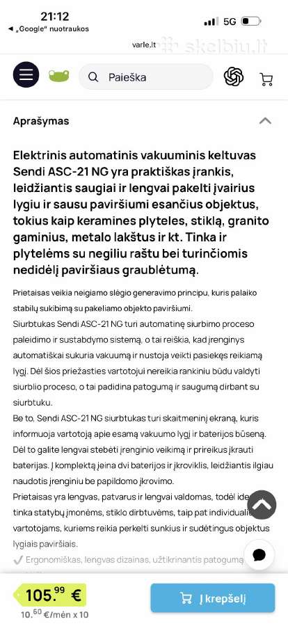 Sendi Asc-21 NG plyteliu siurbtukas - nuotraukos Nr. 4
