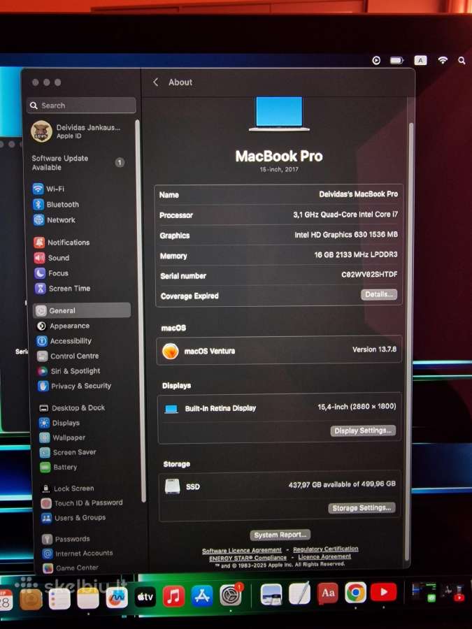 MacBook Pro 15, 2017, 16gb RAM, 500gb SSD - nuotraukos Nr. 3