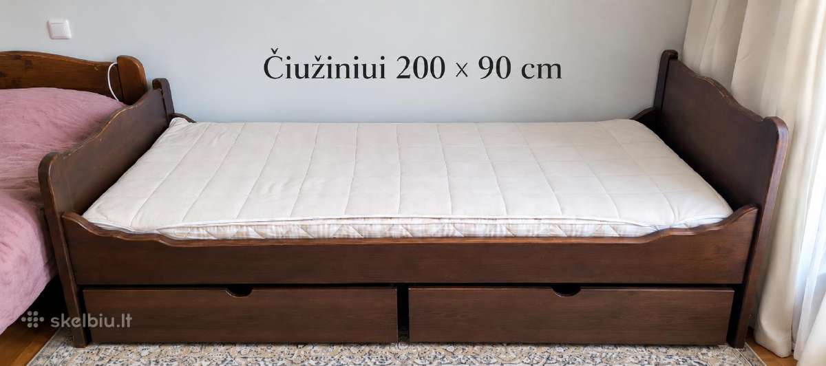 Natūralaus medžio lova 90 x 200 su stalčiais - nuotraukos Nr. 2