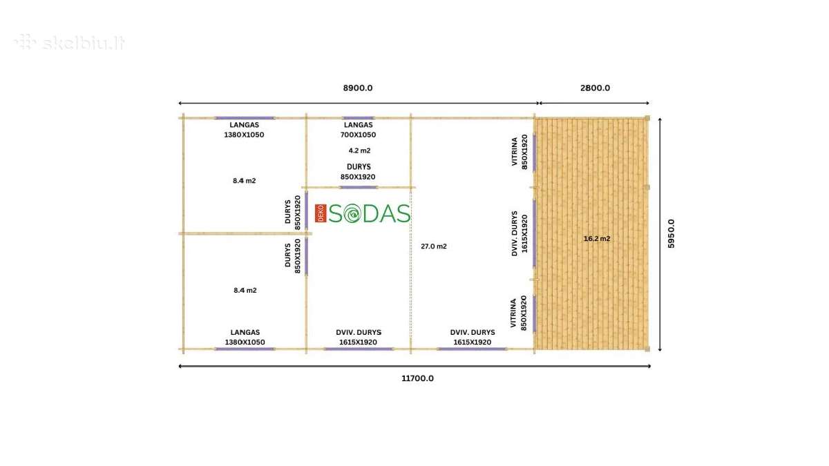 Medinis sodo namelis „gintaras“ 11,7x5,95 m, 44 mm - nuotraukos Nr. 2