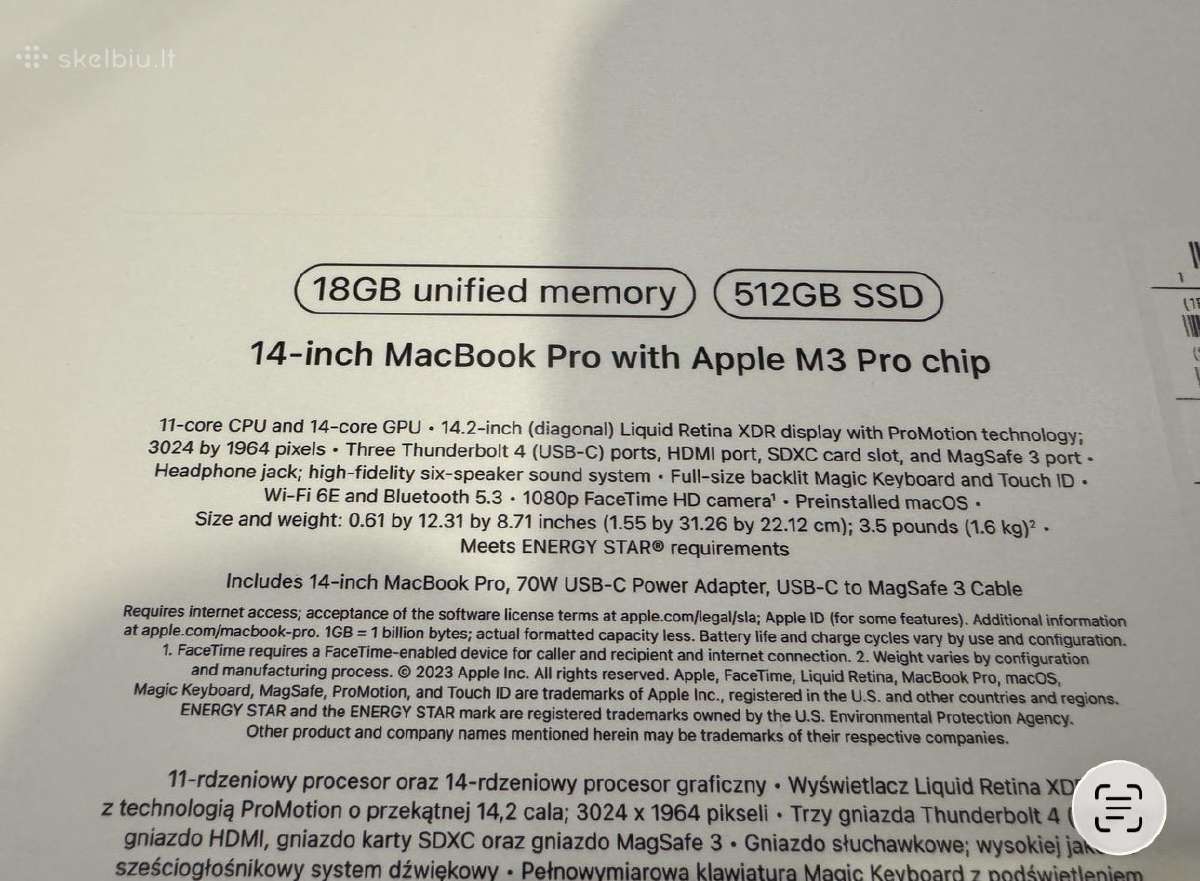 Apple MacBook Pro 14 M3 Pro 18gb / 512gb – Mint - nuotraukos Nr. 3