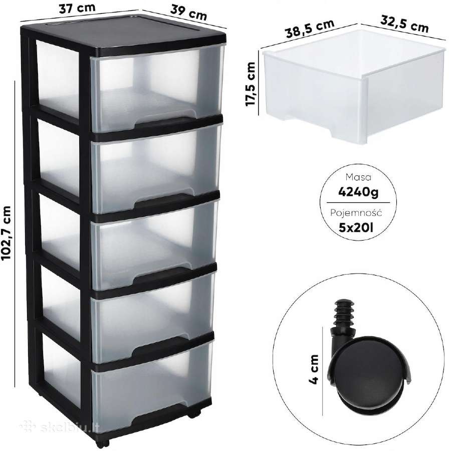 Plastikinė komoda su 5 stalčiais ir ratukais - nuotraukos Nr. 5
