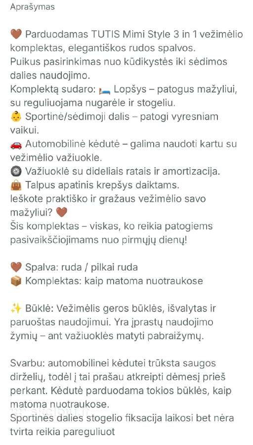 Vežimas vaikiškas - Tutis Mimi Style 3 in 1 - nuotraukos Nr. 11
