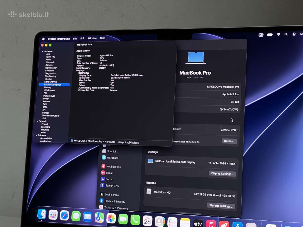 Parduodamas MacBook Pro 14 su M3 Pro, 36gb/512gb. - nuotraukos Nr. 9