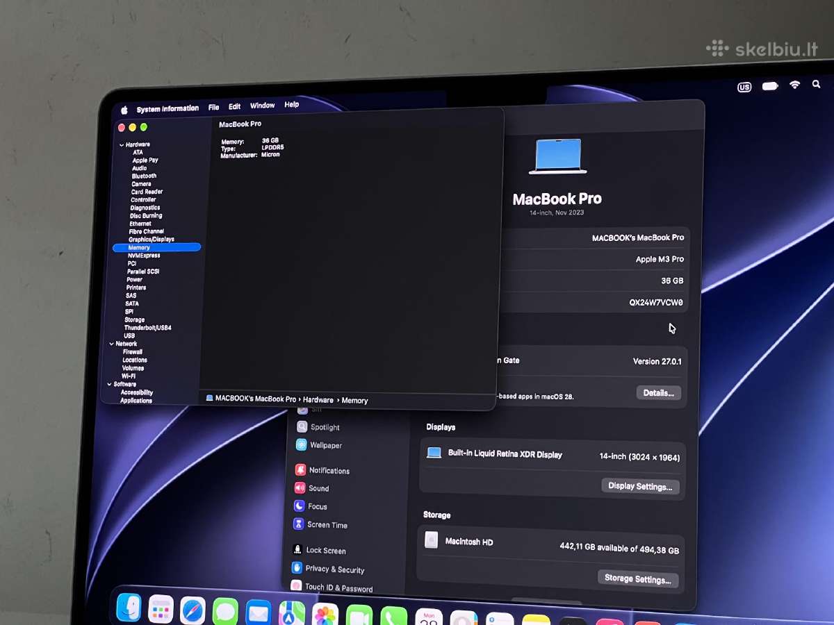 Parduodamas MacBook Pro 14 su M3 Pro, 36gb/512gb. - nuotraukos Nr. 10