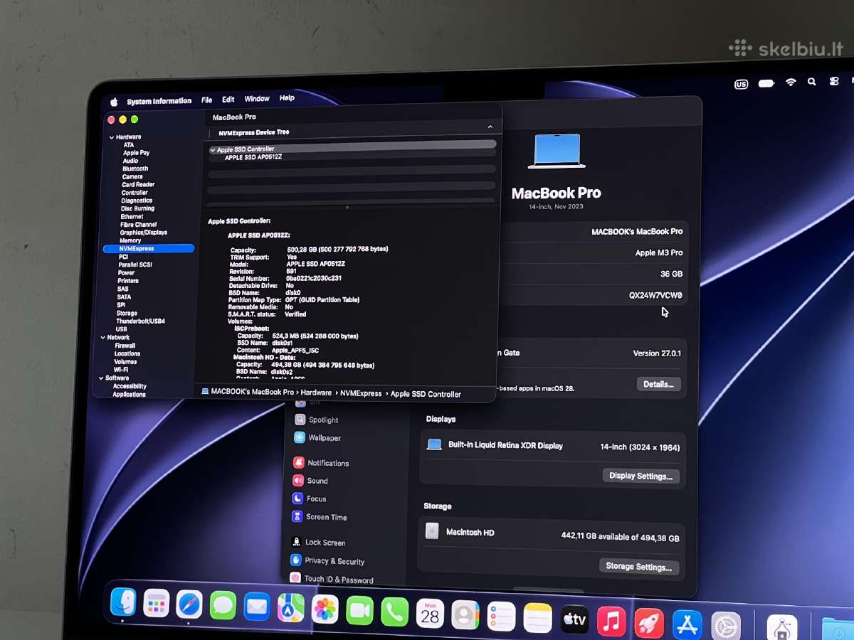 Parduodamas MacBook Pro 14 su M3 Pro, 36gb/512gb. - nuotraukos Nr. 11