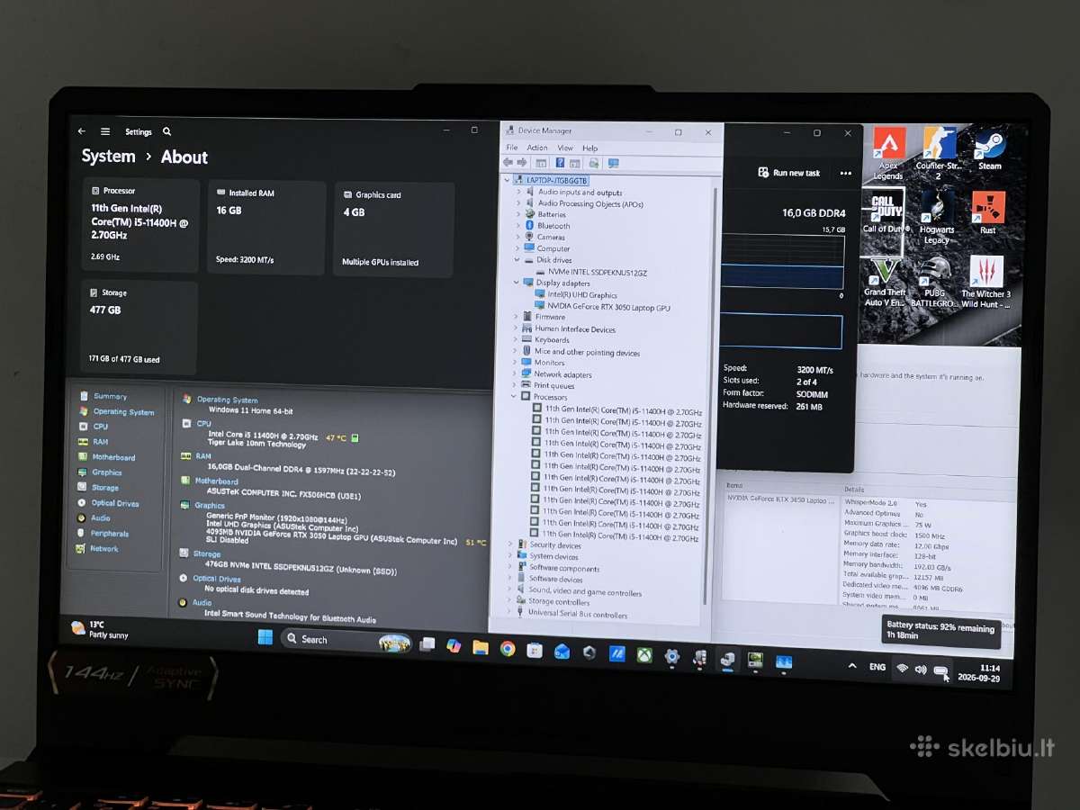 Parduodamas Asus Tuf su Rtx 3050, I5-11k, 144hz. - nuotraukos Nr. 8