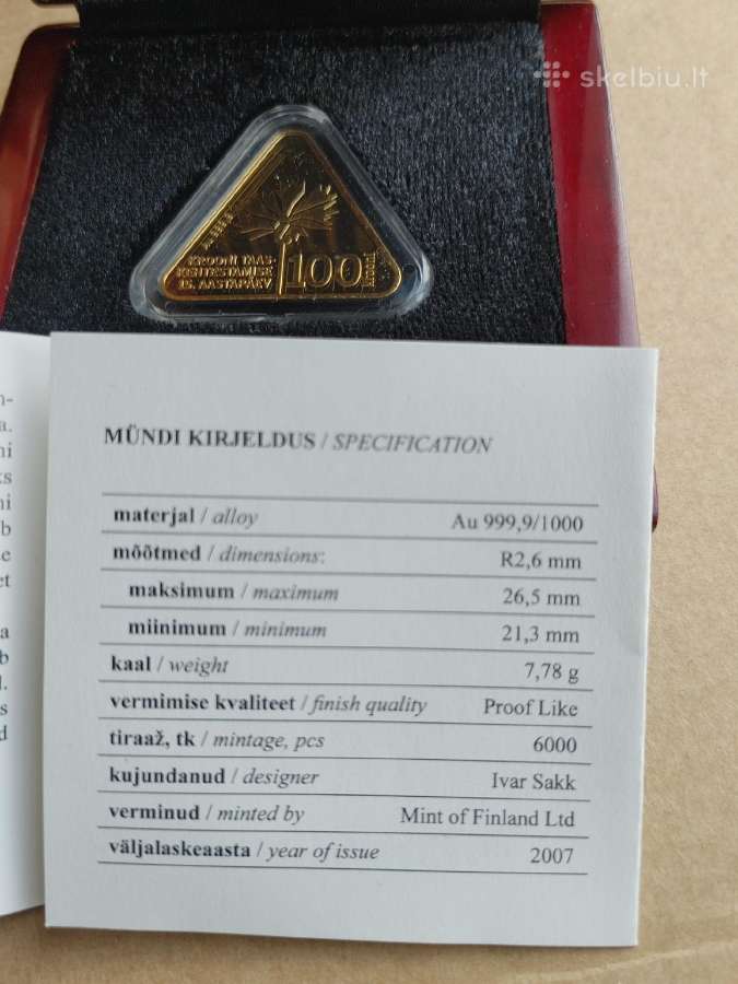2007m - Estija 100 kroon Gėlė (auksas 7.78) - nuotraukos Nr. 3