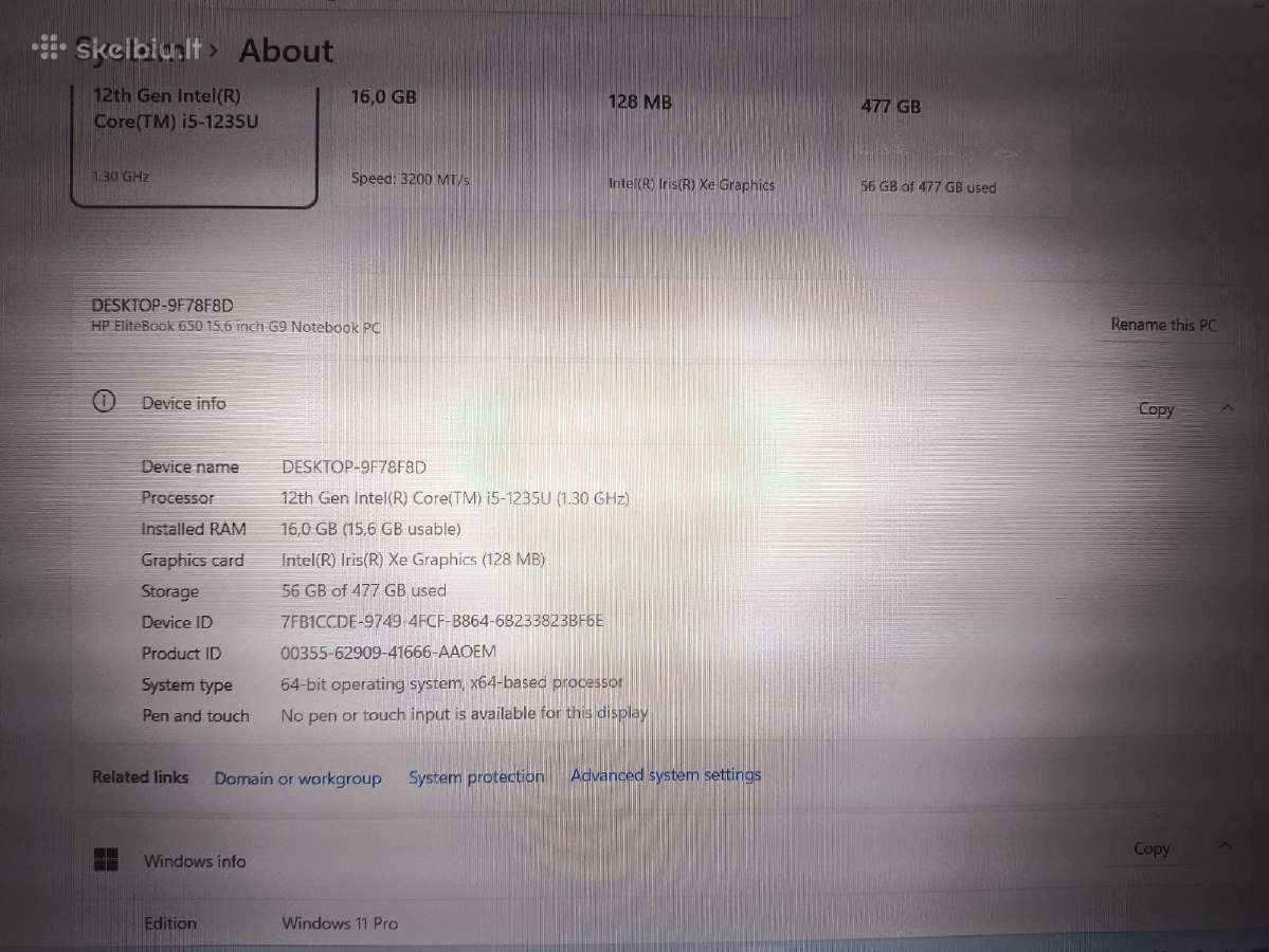 Elitebook 650 G9 15.6 i5-1235u 16gb 256gb SSD 28% - nuotraukos Nr. 4