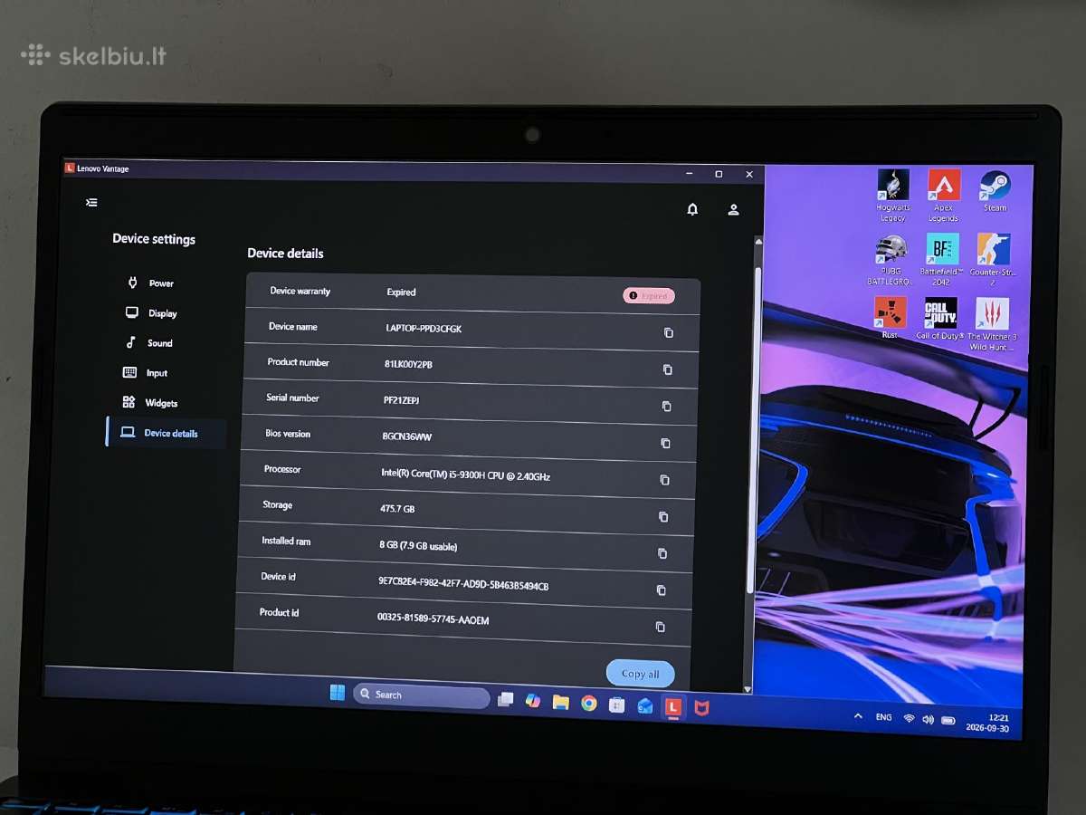 Parduodamas Lenovo L340 su Gtx 1650, I5-9k, 512gb. - nuotraukos Nr. 9