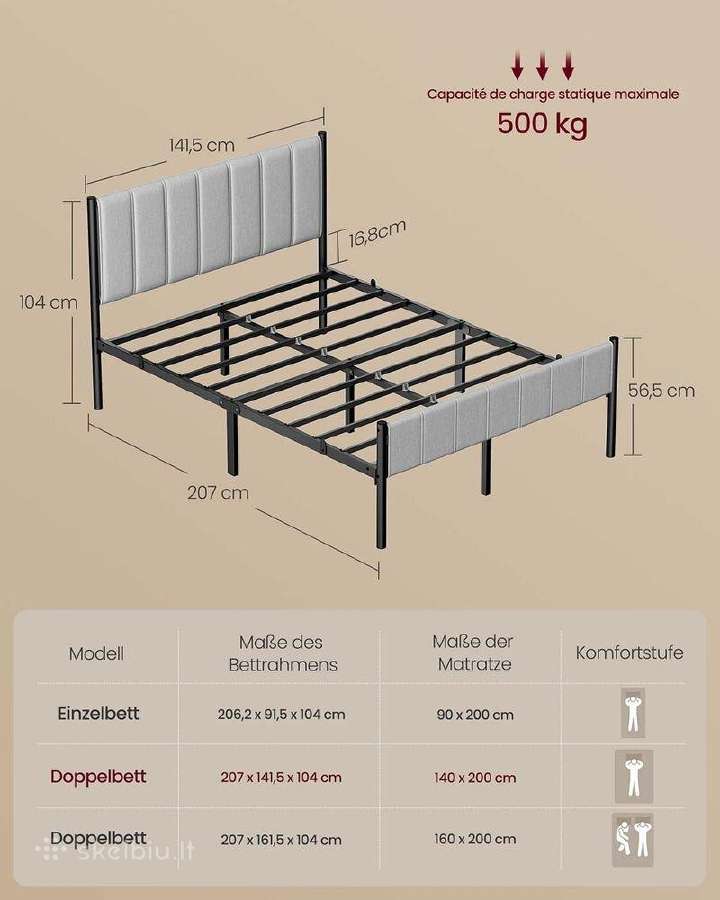 Tvirta Vasagle dvigulė lova 140*200 cm - nuotraukos Nr. 2