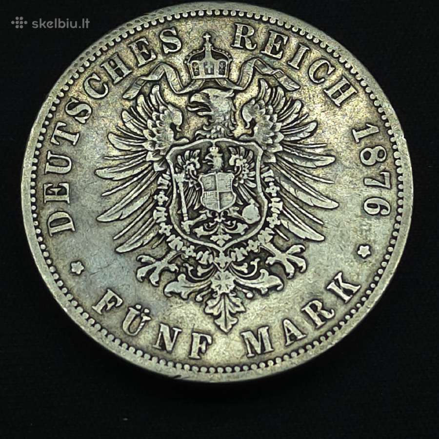 Sidabrinė moneta 5 Markės 1876 B Prūsija Wilhelm - nuotraukos Nr. 2