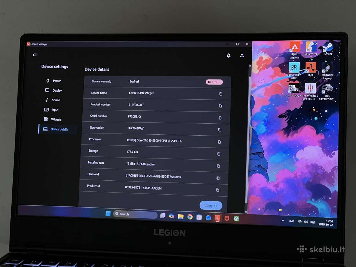 Parduodamas Legion Y540 su Gtx 1650, I5, 16/512gb. - nuotraukos Nr. 9