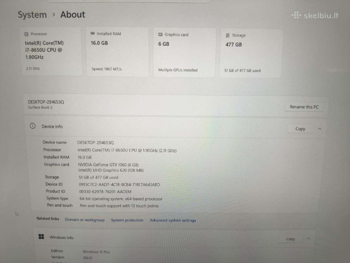 Book 2 15.0 3.2k Ts i7-8650u 16/512gb Gtx 1060 6gb - nuotraukos Nr. 5