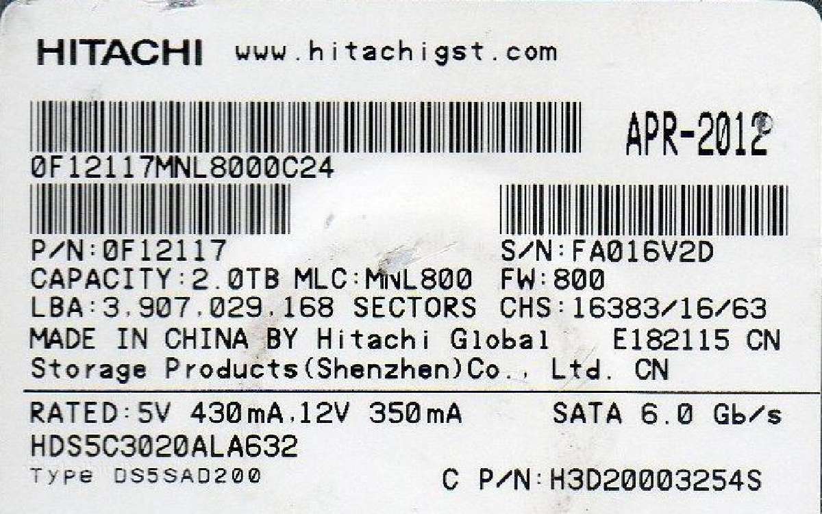 Hitachi 3,5" HDD 220 0a90302 01, 0j11430 Ba3895c