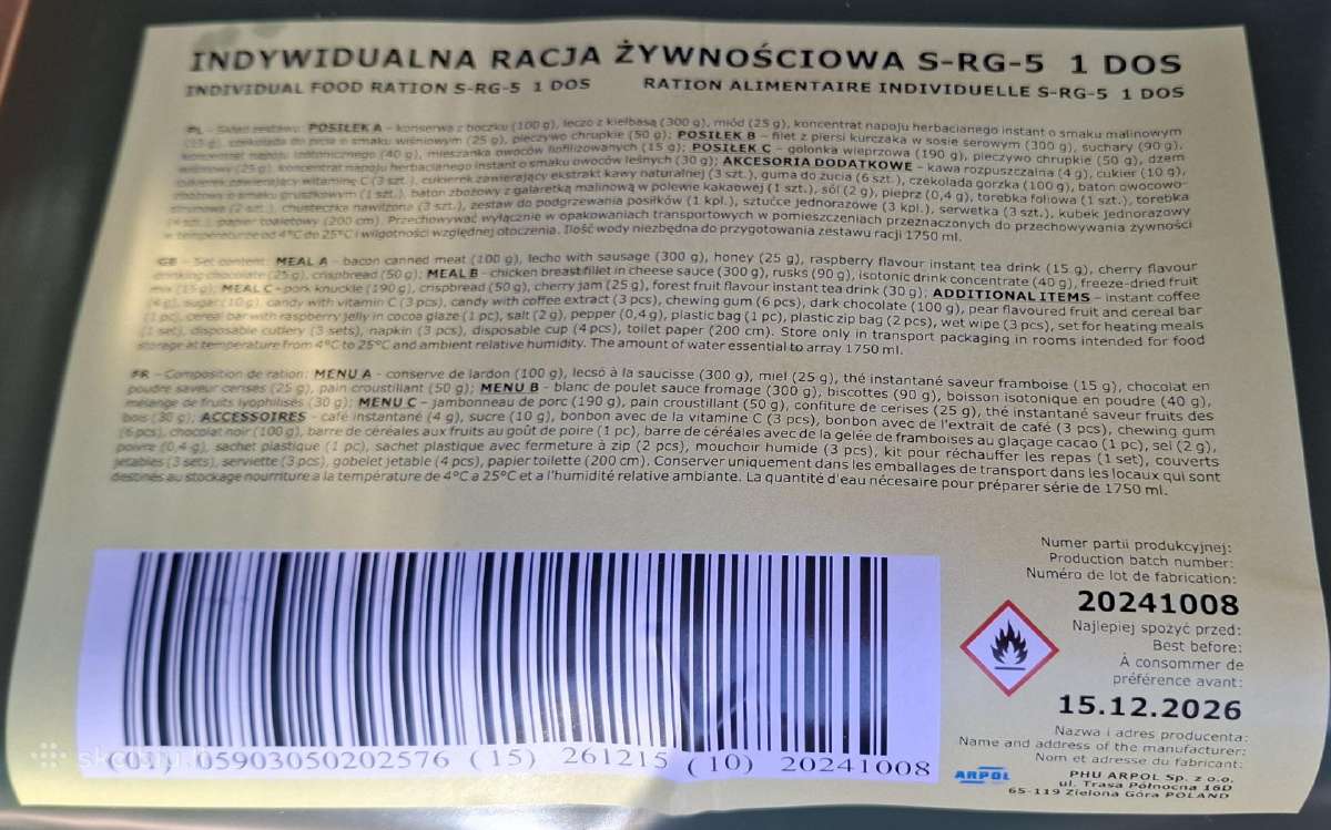 Lenkiškas 24 val.kariškas maisto davinys Mre - nuotraukos Nr. 2