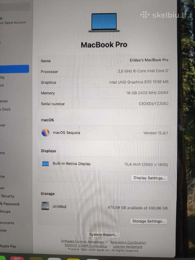 15.4 2880*1800 16gb 500gb Radeon Pro 560x 22% - nuotraukos Nr. 5