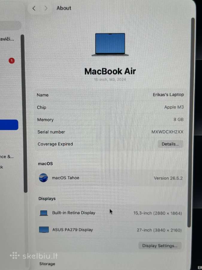Apple MacBook Air 15.3 M3 8 GB RAM 256 GB SSD - nuotraukos Nr. 7