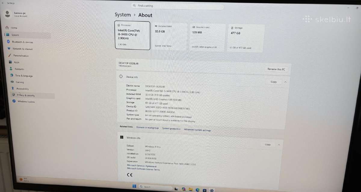 Stacionarus kompiuteris Lenovo su monitoriumi - nuotraukos Nr. 3