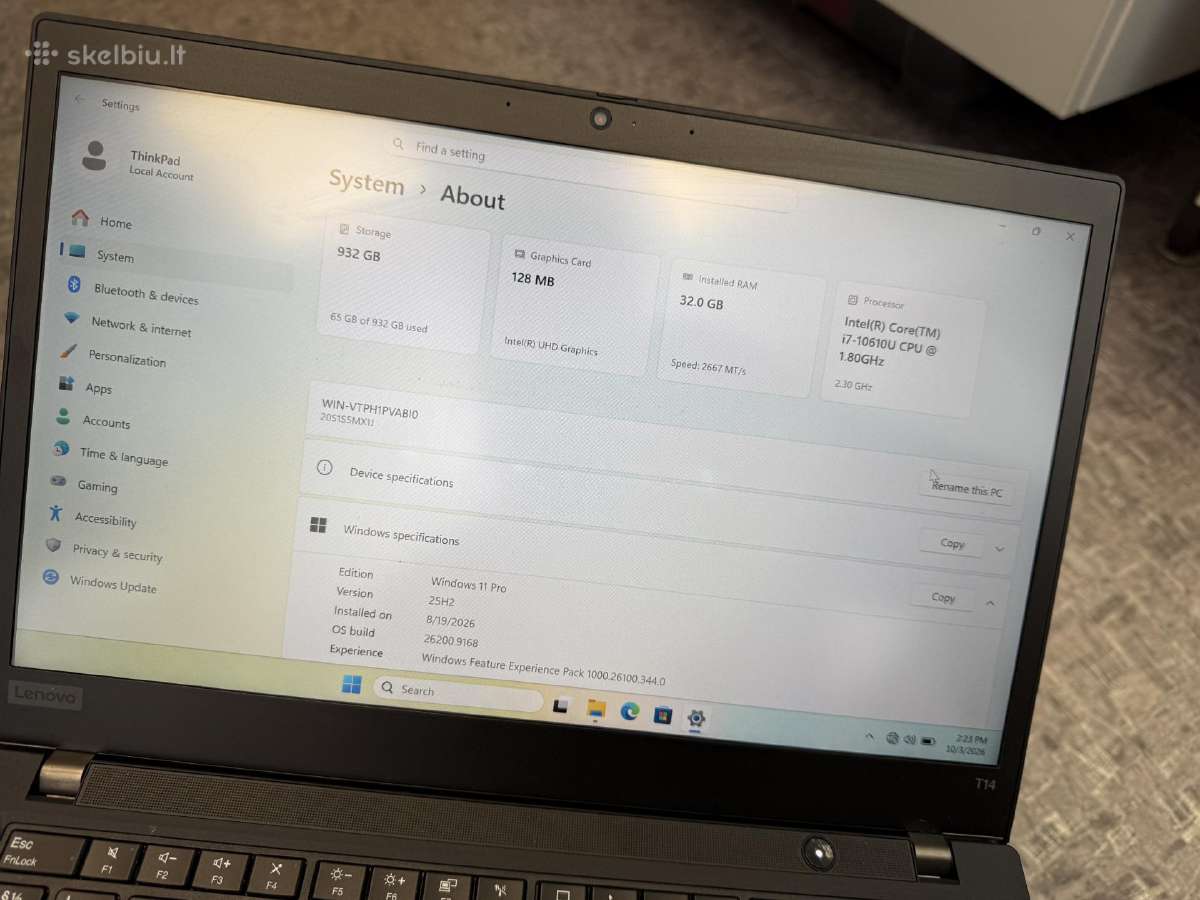 Lenovo Thinkpad T14 / i7/32ram/1tb SSD - nuotraukos Nr. 8