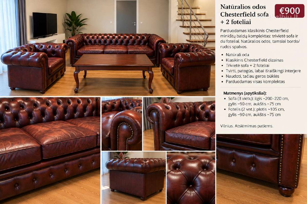 Natūralios odos Chesterfield sofa + 2 foteliai - nuotraukos Nr. 2