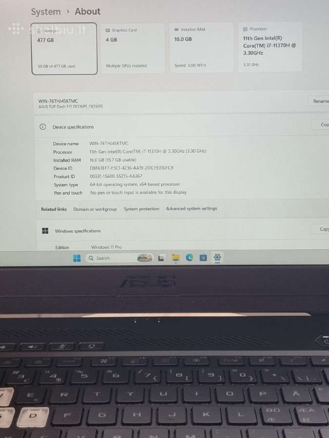 Asus Tuf Dash F15 i7 Rtx - nuotraukos Nr. 5