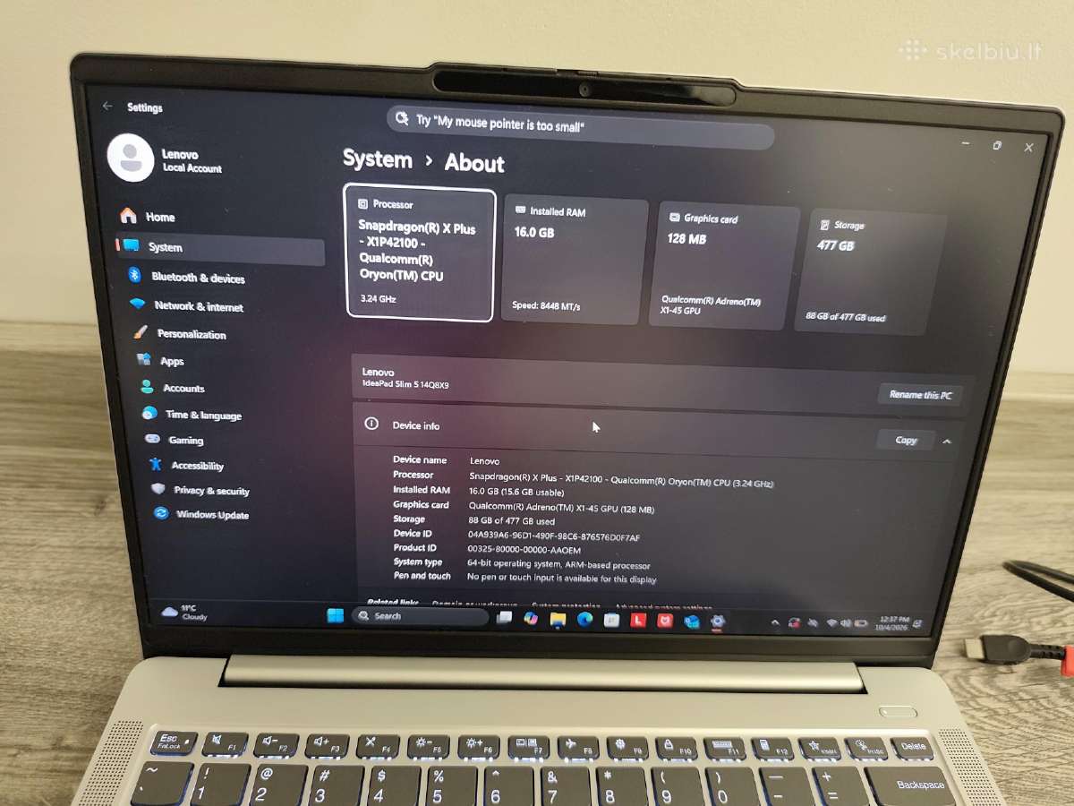 Lenovo Ideapad Slim 5, Snapdragon,16gb RAM, 512ssd - nuotraukos Nr. 4