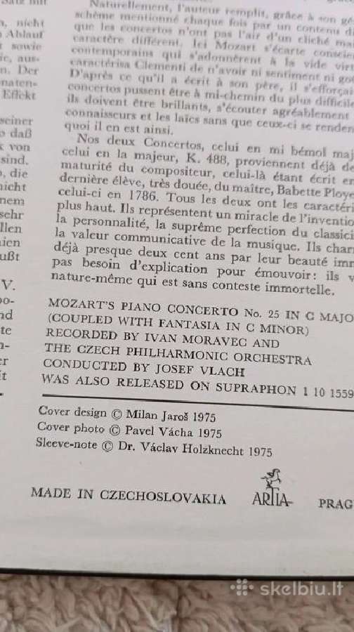 W. A. Mozart vinilinė plokštelė (Artia 1975 m. - nuotraukos Nr. 3