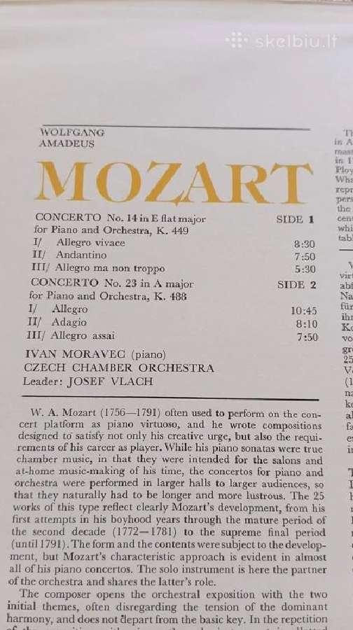 W. A. Mozart vinilinė plokštelė (Artia 1975 m. - nuotraukos Nr. 4
