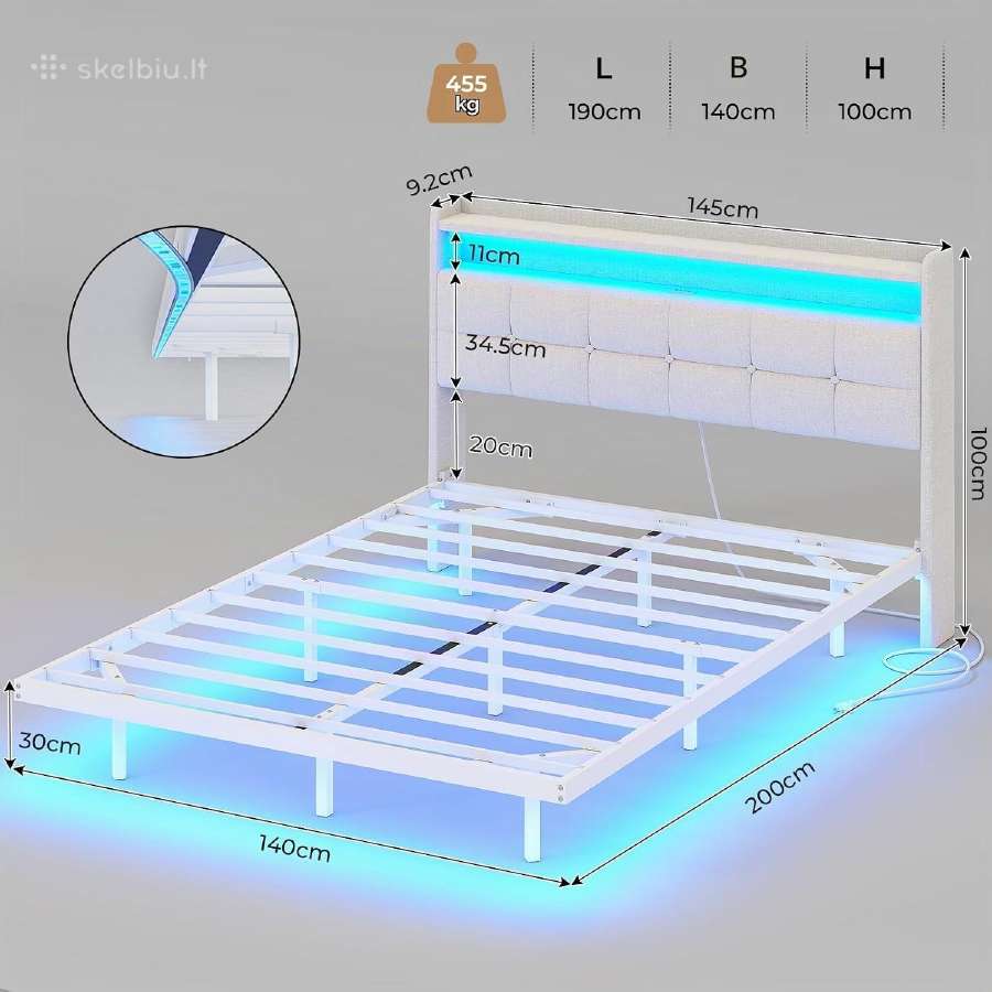 Lova 140x190 cm su LED, Usb/type-c - nuotraukos Nr. 2