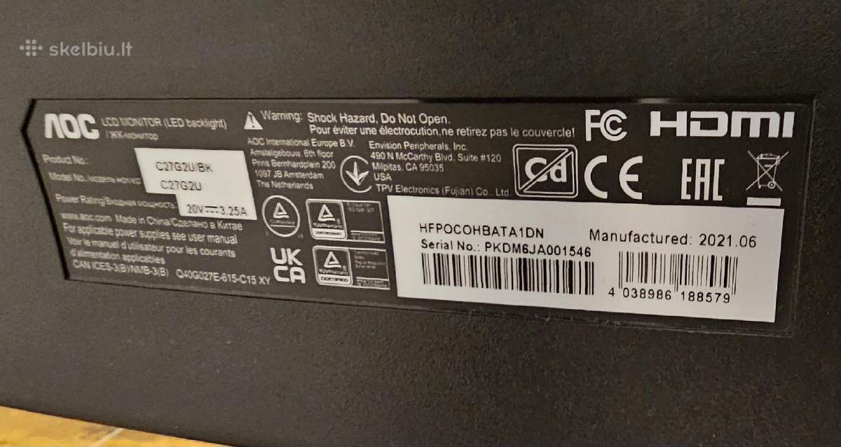 Monitorius Aoc C27g2u/bk - nuotraukos Nr. 2