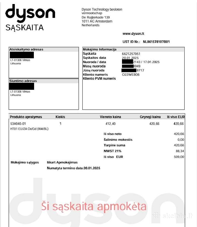 Dyson Aistrait su pirkimo sąskaita ir garantija - nuotraukos Nr. 8