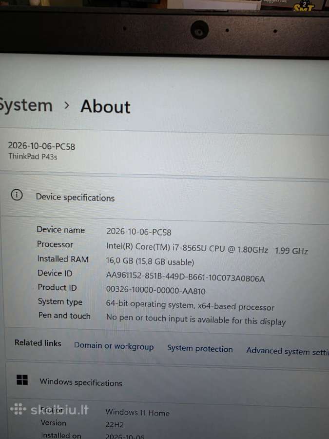 Lenovo Thinkpad P43s. i7-10750h. 16/256 GB. - nuotraukos Nr. 6