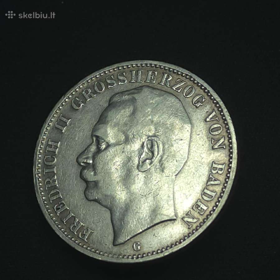 Sidabrinė moneta 3 markės 1909 m. Badenas (G) - nuotraukos Nr. 6