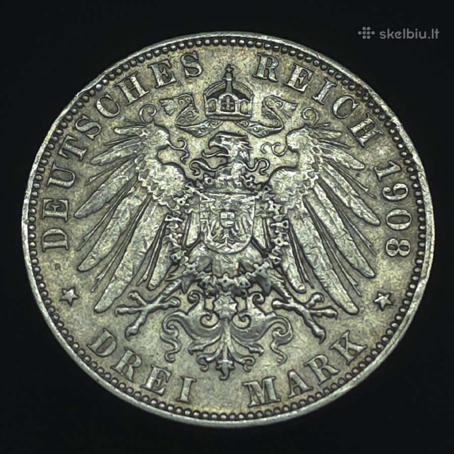 Sidabrinė moneta 3 markės 1908 m. Saksonija (E) - nuotraukos Nr. 2