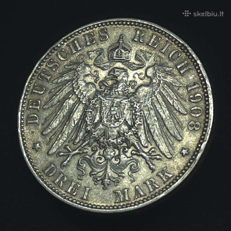 Sidabrinė moneta 3 markės 1908 m. Saksonija (E) - nuotraukos Nr. 5