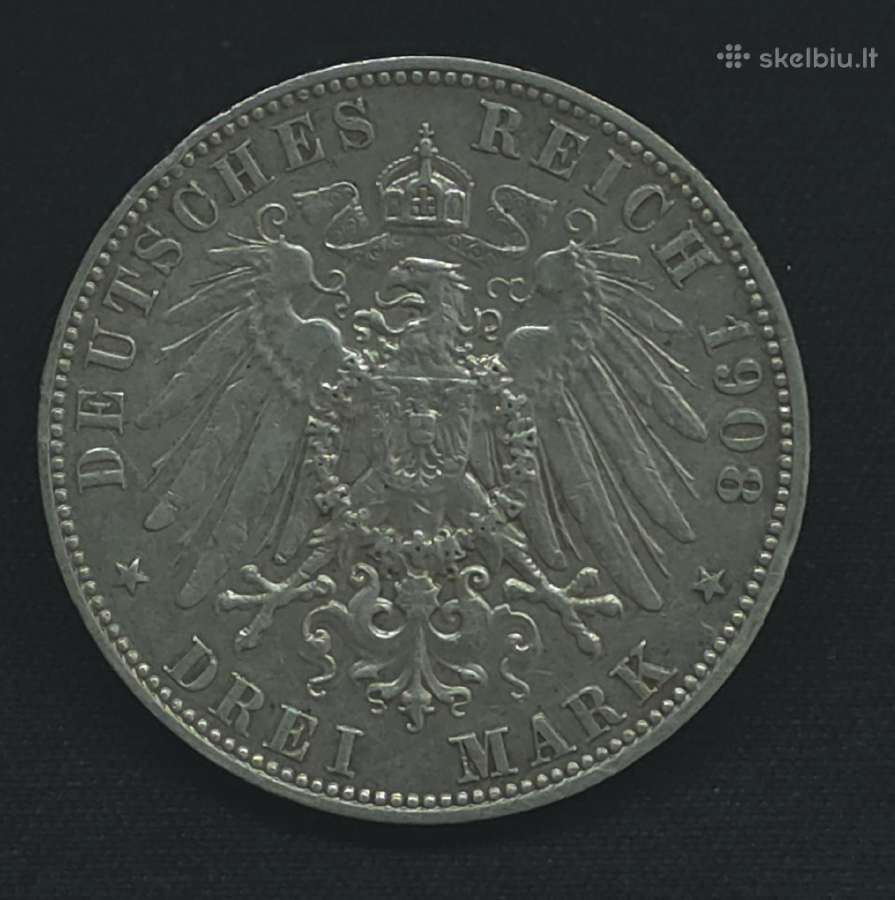 Sidabrinė moneta 3 markės 1908 m. Saksonija (E) - nuotraukos Nr. 7