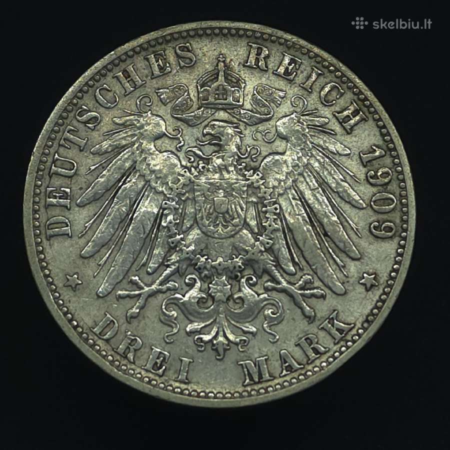 Sidabrinė moneta 3 markės 1909 m Viurtembergas (F) - nuotraukos Nr. 2