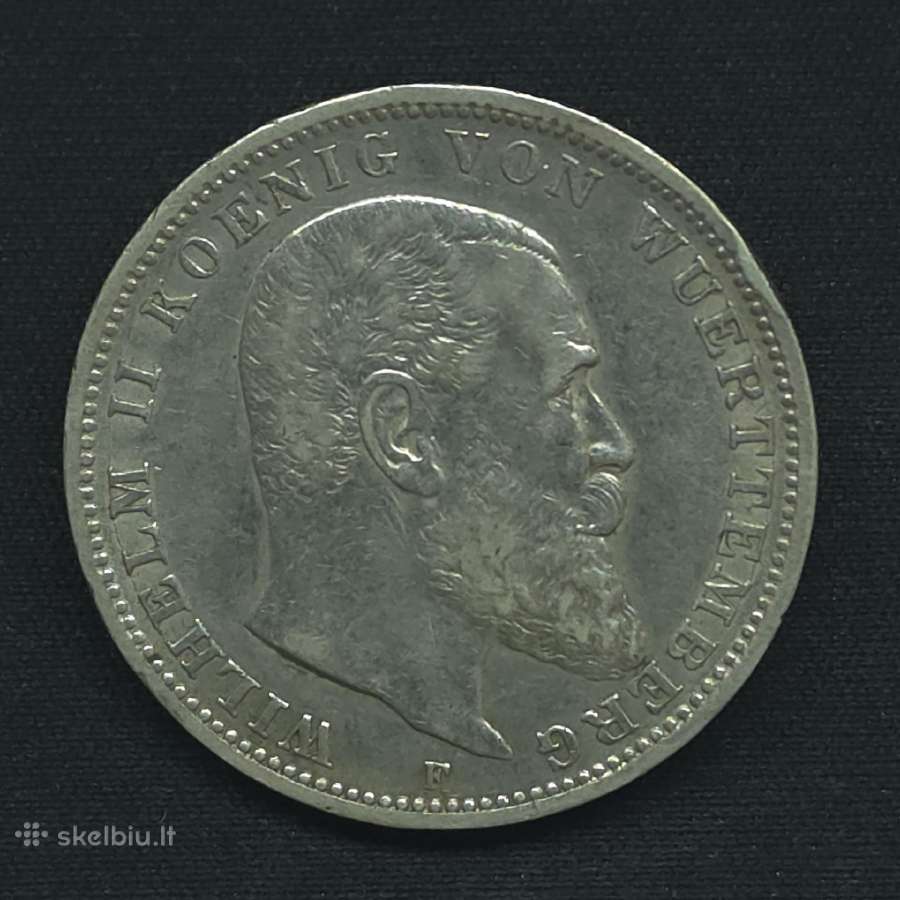 Sidabrinė moneta 3 markės 1909 m Viurtembergas (F) - nuotraukos Nr. 3