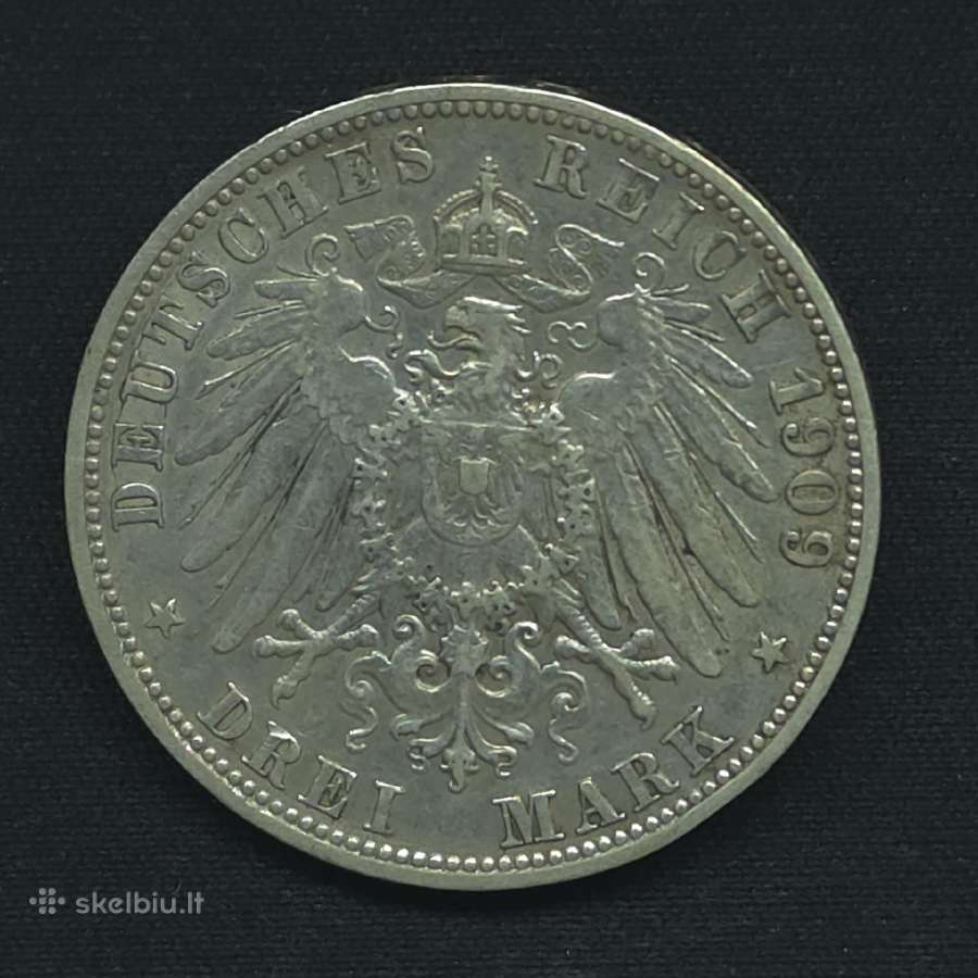 Sidabrinė moneta 3 markės 1909 m Viurtembergas (F) - nuotraukos Nr. 4