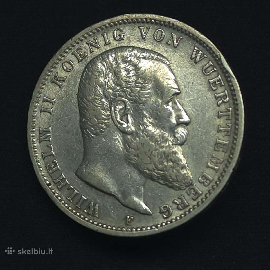 Sidabrinė moneta 3 markės 1909 m Viurtembergas (F) - nuotraukos Nr. 5
