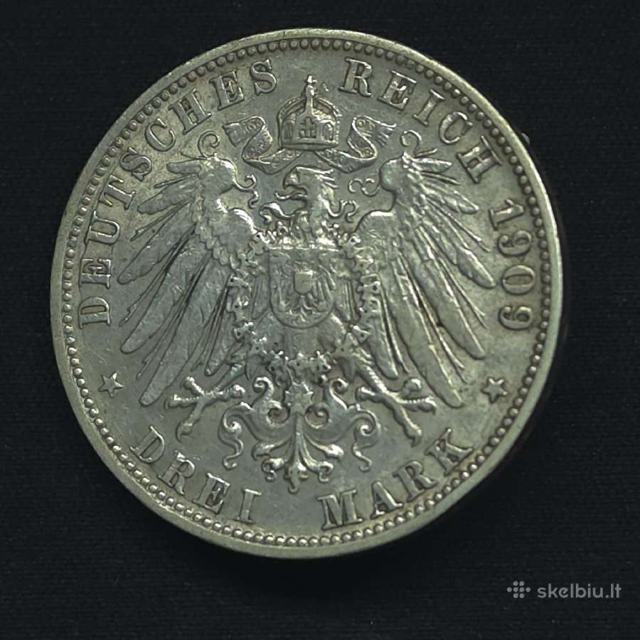 Sidabrinė moneta 3 markės 1909 m Viurtembergas (F) - nuotraukos Nr. 6