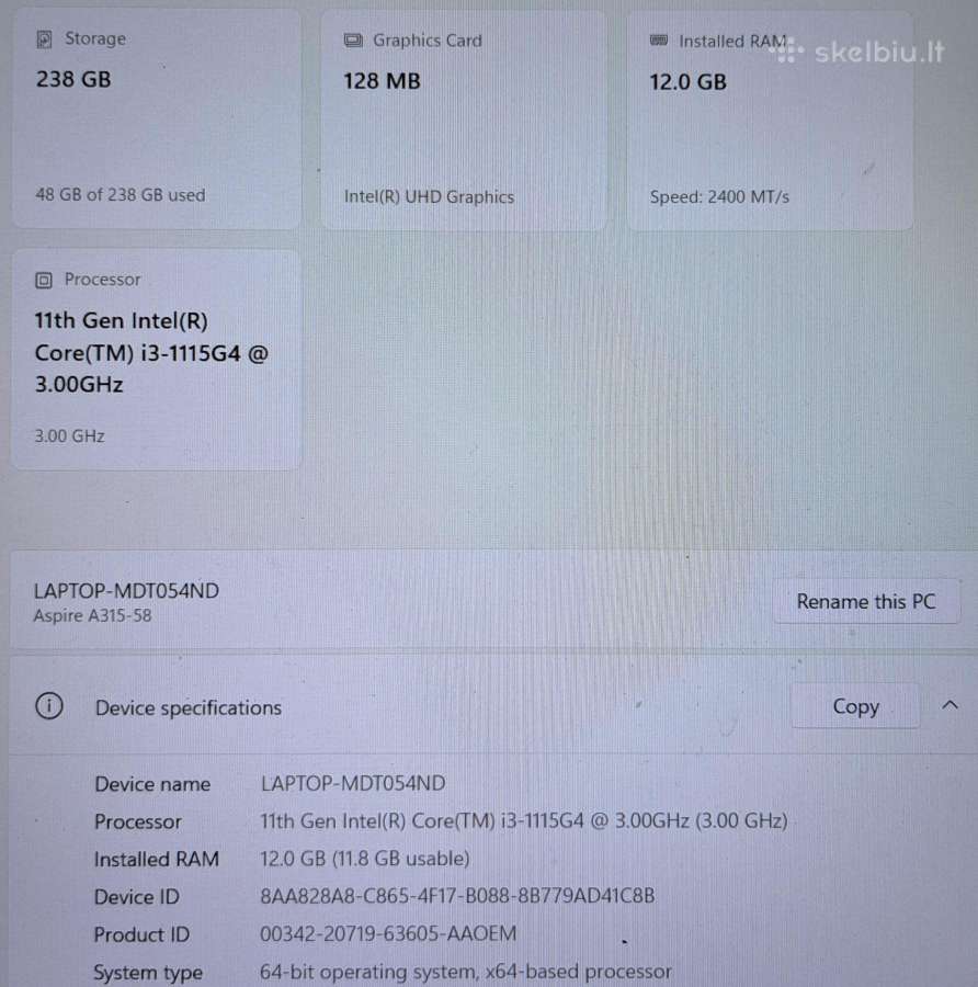 Acer Aspire A315-58, Intel i3-1115g4 @ 3.00 GHz - nuotraukos Nr. 4