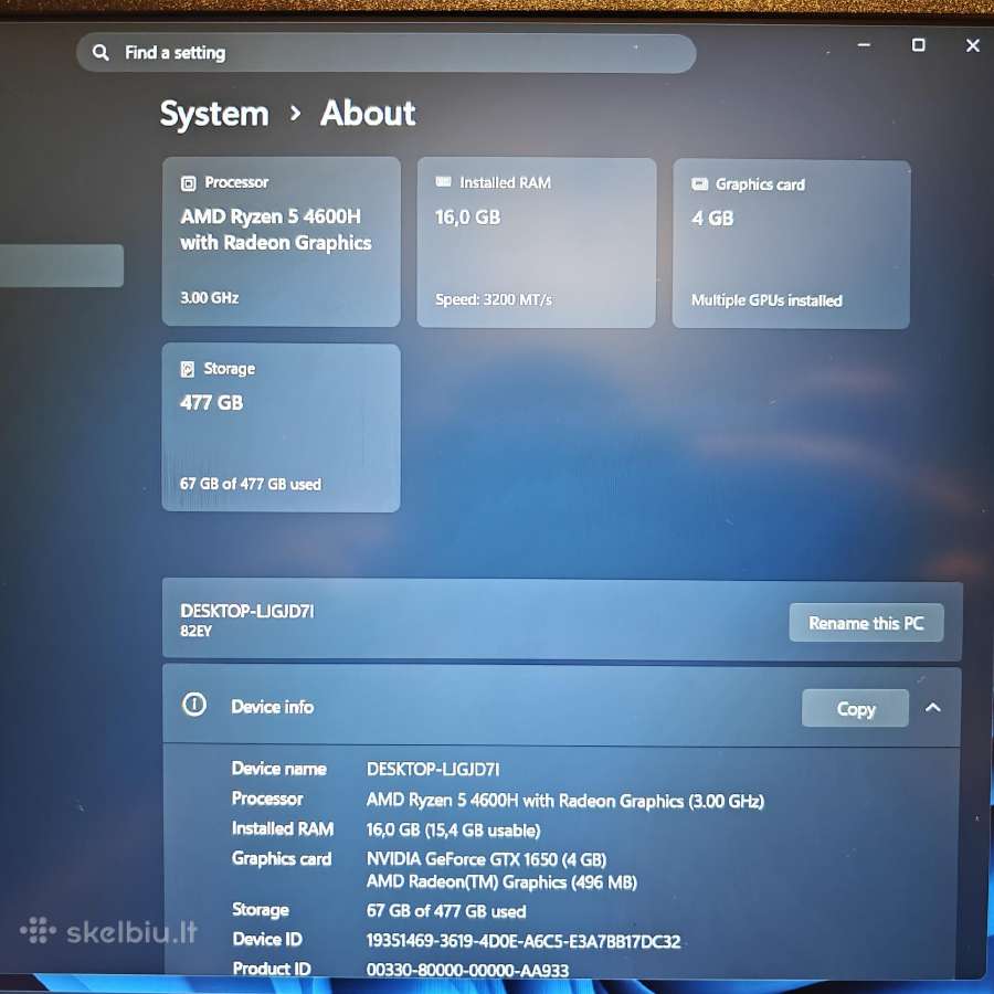 Lenovo Ideapad Gaming 3 4600h/16gb/512ssd/gtx 1650 - nuotraukos Nr. 7