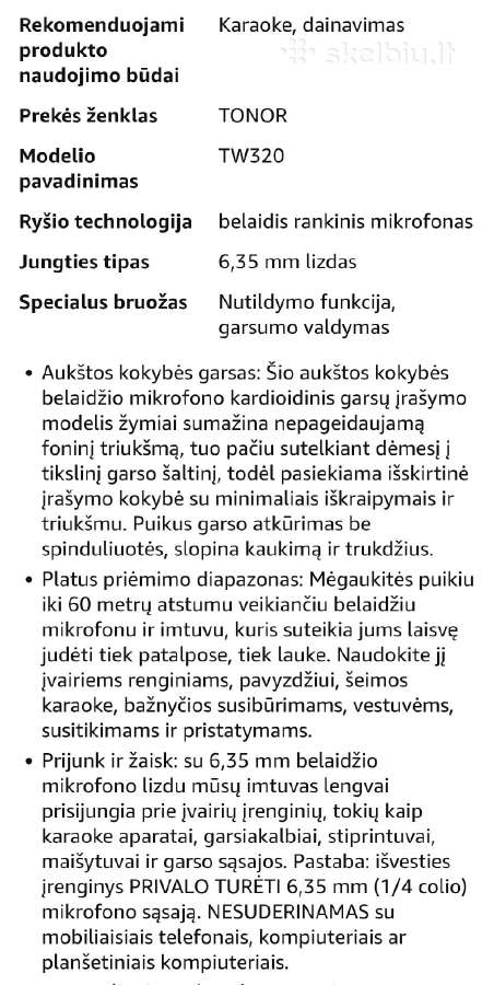 Belaidžiai mikrafonai Tonor Tw 320 (juodi) - nuotraukos Nr. 2